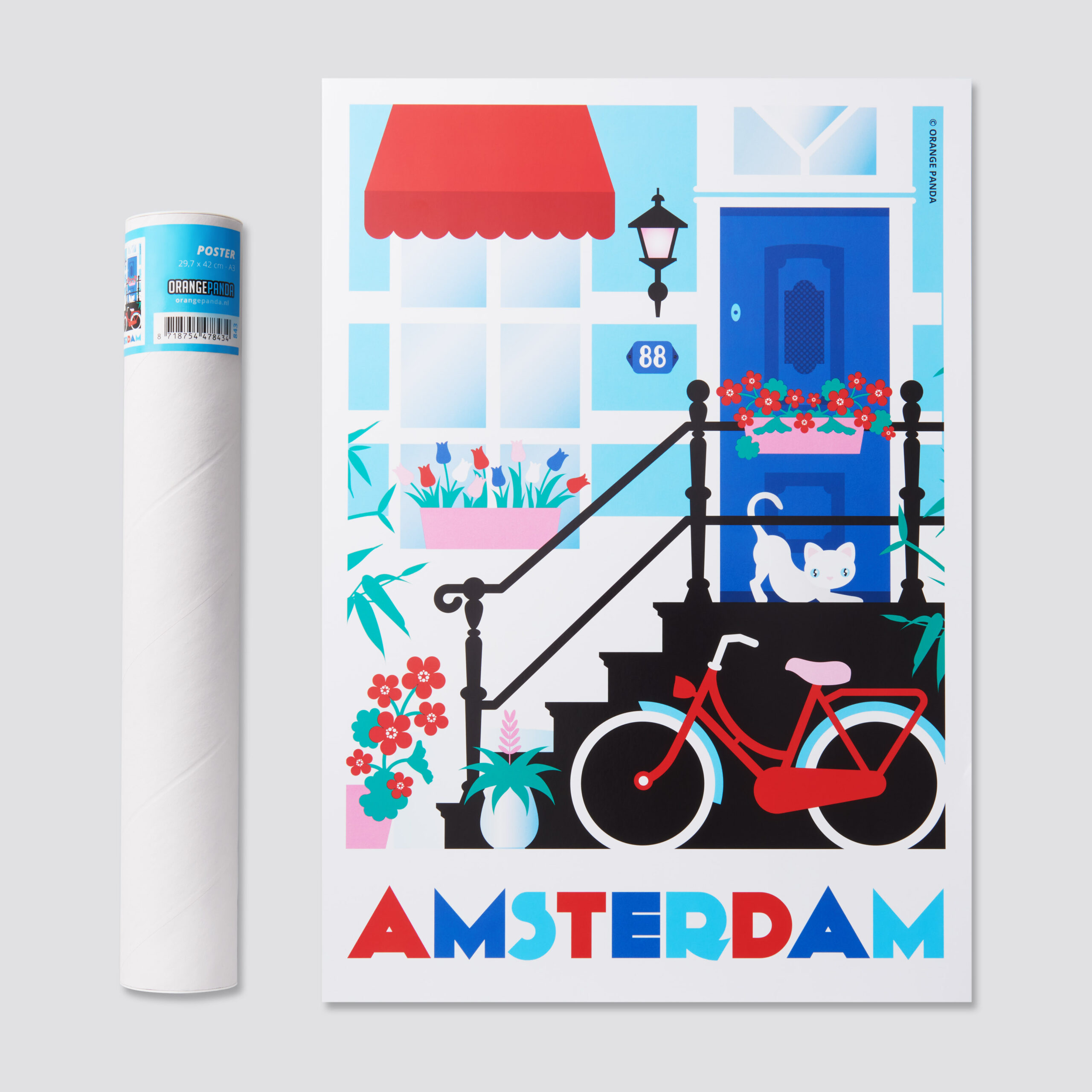 843 poster A3 Amsterdam Canalhouses with Cat and Bicycle