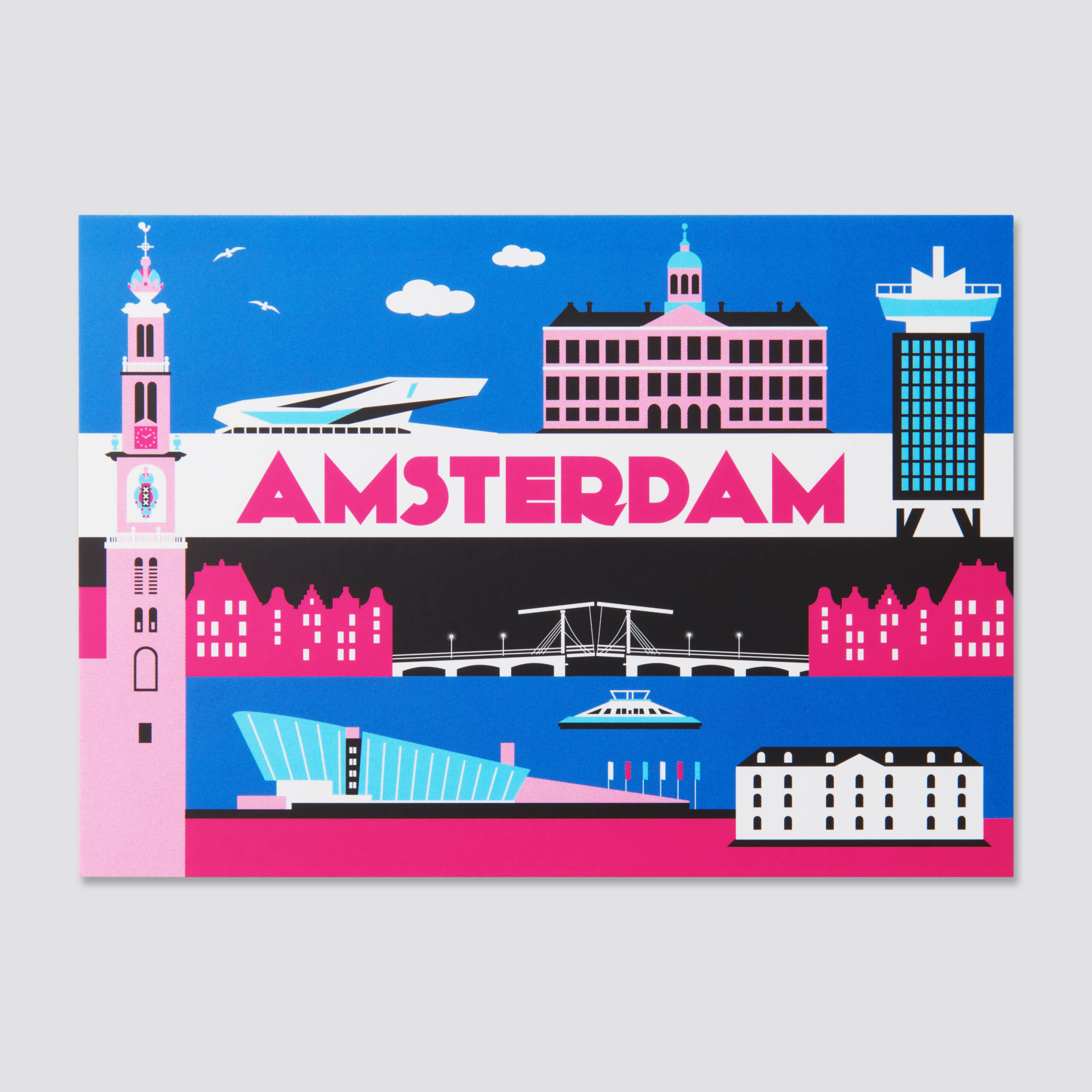 863 A6 postcard Amsterdam Canal Houses, Canals, Nemo, Lookout, Royal Palace