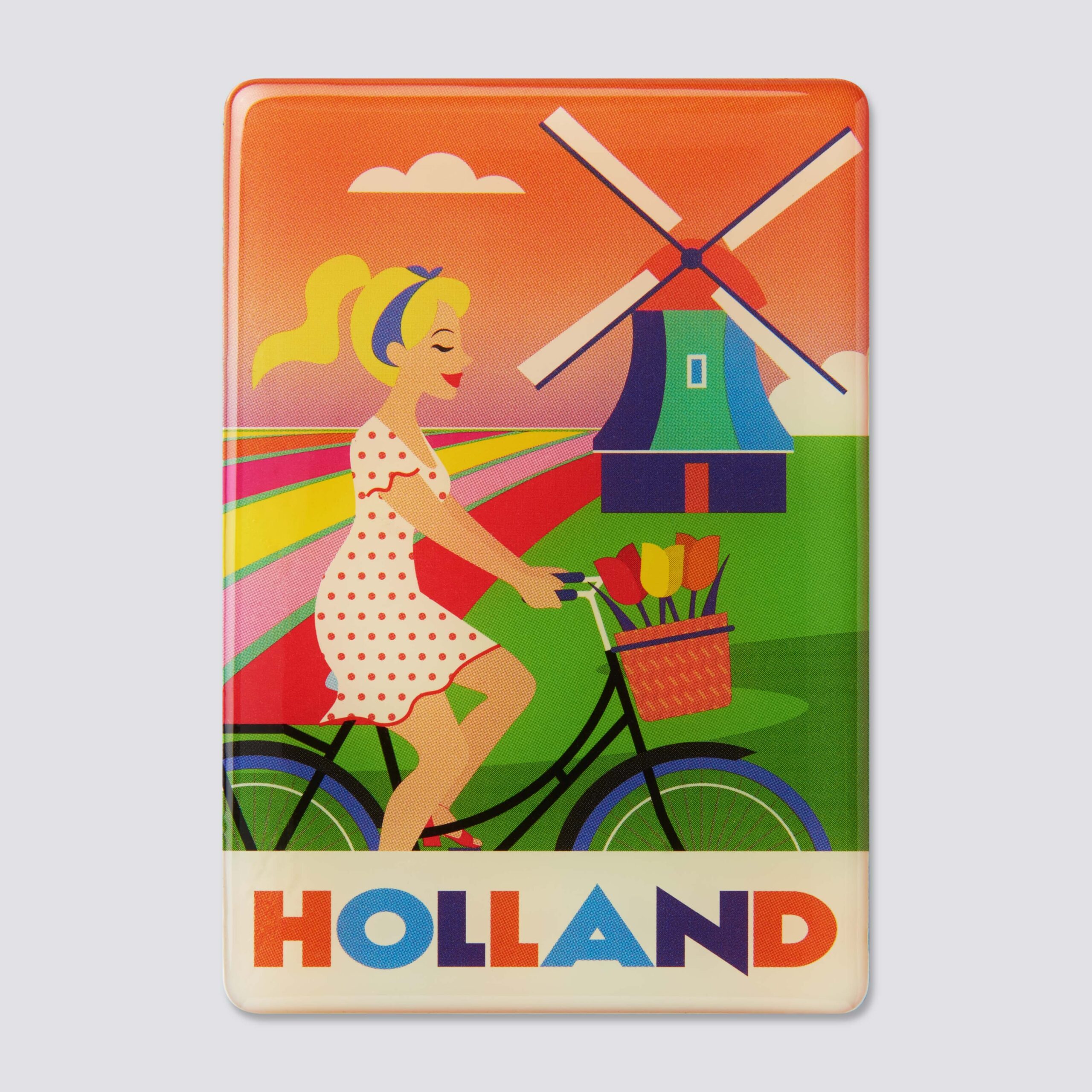986 epoxy fridge magnet Holland tulip fields, mill and bike girl